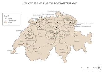 Political map of cantons and capitals of the Czech Republic- mapped in an antique and rustic style
