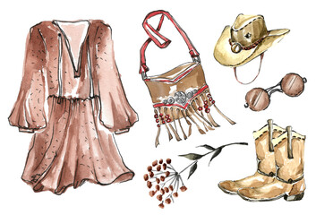 A set of clothes and accessories for a stylish female look in boho style. speckled brown dress and cowboy boots and hat, fringed bag and sunglasses. Watercolor illustration by hand.