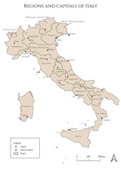 Political map of regions and capitals of Italy- mapped in an antique and rustic style