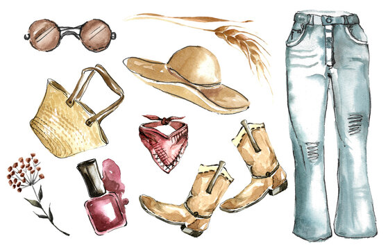 A set of clothes and accessories for a stylish female look in boho style. Blue jeans and a wicker bag, cowboy boots and a hat, a burgundy bandana and sunglasses. Watercolor illustration by hand.