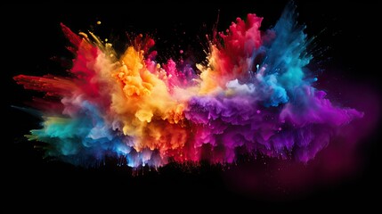 Abstract texture of exploding powder colorful multicolored rainbow color, isolated on black background.