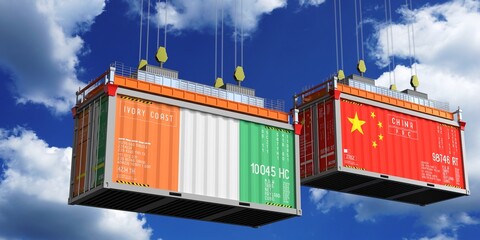 Shipping containers with flags of Ivory Coast and China - 3D illustration