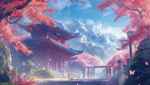 Anime background fantasy chinese temple in autumn or japanese temple in autumn with cherry blossom tree sakura.seamless looping time-lapse virtual video animation background