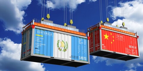 Shipping containers with flags of Guatemala and China - 3D illustration