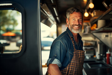 Smiling portrait of a middle aged man working in food truck