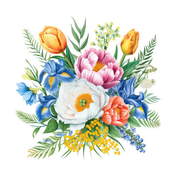 Watercolor floral spring bouquet. Hand drawn vector illustration.	