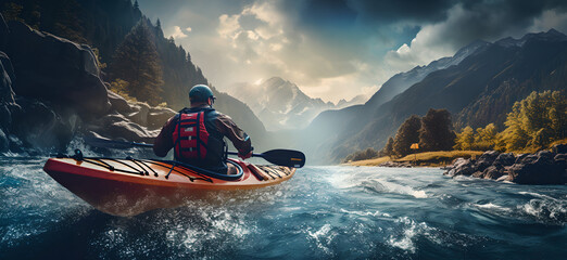 Kayaking down a rapid river in white water ,  mountainous vistas , trees , mountains , rocks  