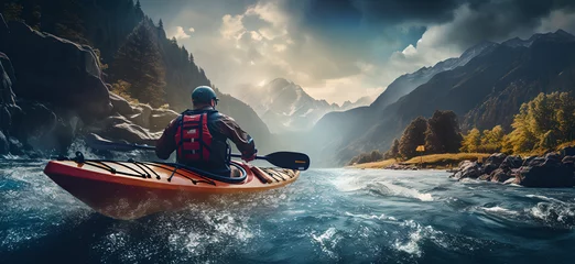  Kayaking down a rapid river in white water ,  mountainous vistas , trees , mountains , rocks   © YOUCEF