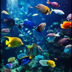 Naklejka na ściany i meble Vibrant Underwater Dance - Tropical Fish in Coral Reef