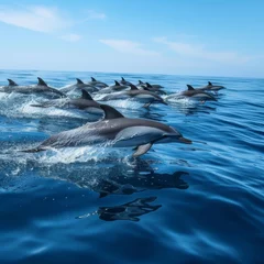 Rolgordijnen Pod of Graceful Dolphins Gliding Through Blue Ocean Waters © Franklin