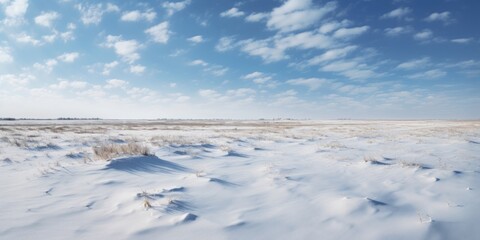 Fototapeta na wymiar Snow covered rural landscape with bright sunlight and fluffy clouds in blue sky.