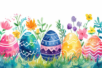 Easter basket with eggs and bunny decorated with flowers. Happy easter