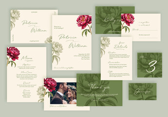 Wedding Invitation Suite Layout with Peonies, Generative AI