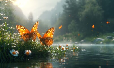 Fototapeta premium beautiful lake with beautiful butterflies sitting on the edge by the water