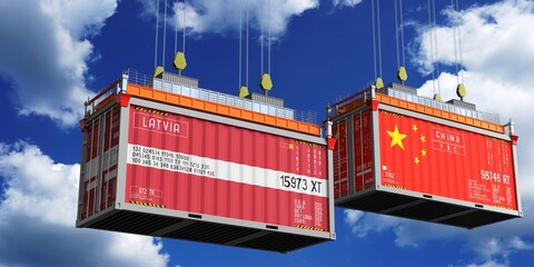 Shipping containers with flags of Latvia and China - 3D illustration