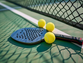 Rackets and balls for playing pickleball in the sports net on the court