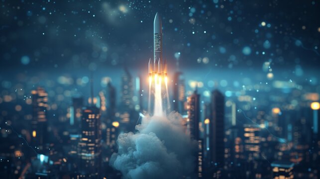 Rocket Launch, A sleek rocket blasts off from a bustling cityscape, leaving a trail of smoke and representing the explosive growth potential of innovative businesses © CraftyImago