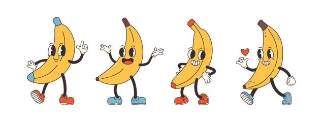 Groovy banana set. Hand draw Funny Retro vintage trendy style banana cartoon character. Doodle Comic collection
