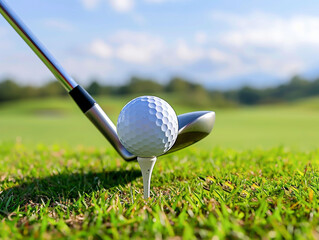 Golf ball on tee with golf club on golf course