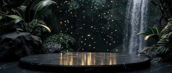 Stone platform, podium with gold, steam, waterfall on dark jungle tropical leaves background. Mock up,  display for product presentation. Lights, shadows effect. Generative AI