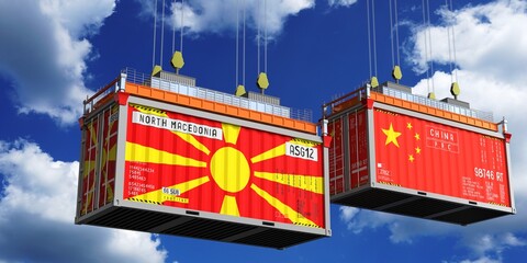 Shipping containers with flags of North Macedonia and China - 3D illustration