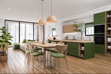 Open space living room and kitchen interior with the combination of wood and green furniture. Modern design solution, 3d rendering
