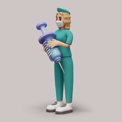 Medical worker in green uniform holding syringe and ready to give injection to patient