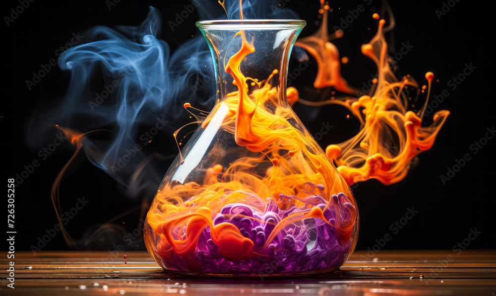 Poster vivid chemical reaction in a flask with orange and purple colors erupting in smoky swirls against a 