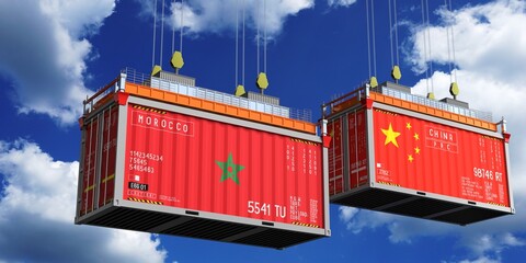 Shipping containers with flags of Morocco and China - 3D illustration