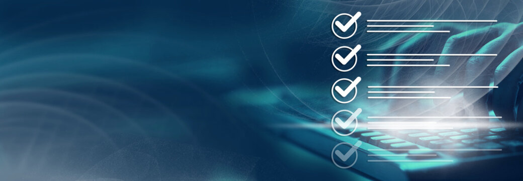 Survey form, check marks on checklist, document control, filling online form and answering questions, business project concept.