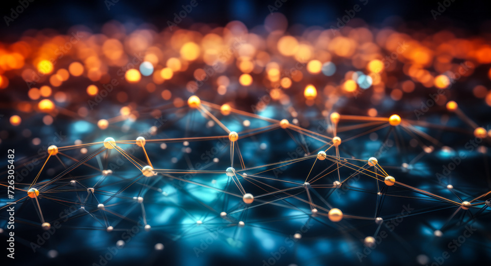 Poster abstract network connections with nodes and lines in a digital cyber technology grid with blue and o