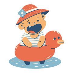 Cute baby girl swimming vector cartoon character illustration isolated on a white background.