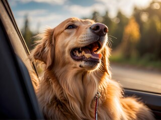 Happy golden retriever puppy enjoying road trip views from car