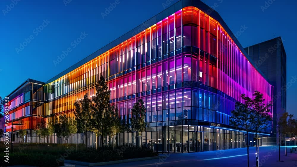 Poster the office buildings exterior is transformed into a colorful landscape at night with the combination