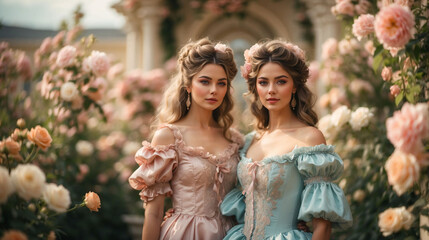 Beautiful young women in the Rococo style stand in a blooming garden, two sisters, friends. Vintage historical medieval outfit. Flowers, rose bushes.