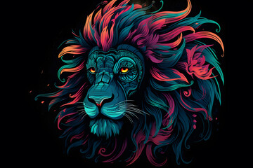 Colorful Neon Lion Illustration.