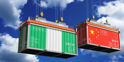 Shipping containers with flags of Nigeria and China - 3D illustration