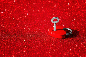 Heart-Shaped Padlock with Key on Glittering Red Background