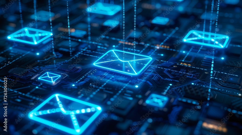 Poster mobile email security, a futuristic depiction of a mobile device surrounded by a force field of prot
