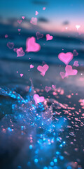 Small pink fluorescent translucent hearts with cute smiles and kind eyes jump out of the water and float in the air. 