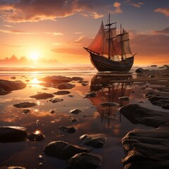 Ancient Voyage: Viking Ship Amidst Sunset Reflections