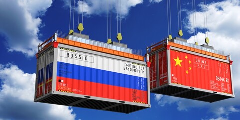 Shipping containers with flags of Russia and China - 3D illustration