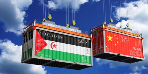 Shipping containers with flags of Western Sahara and China - 3D illustration