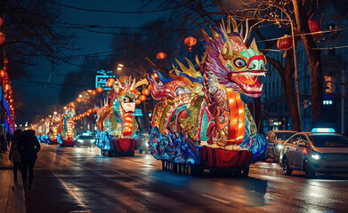 A big holiday decoration in the street. Traditional celebration chinese new year landscape