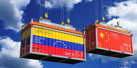 Shipping containers with flags of Venezuela and China - 3D illustration