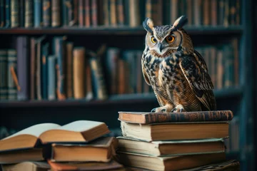 Poster Cute owl sitting on a big stack of books. Academic smart, clever and wisdom bird visualization. © graja