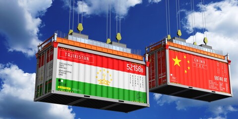 Shipping containers with flags of Tajikistan and China - 3D illustration