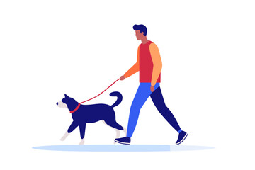 A charming and simple vector illustration featuring a man strolling with his canine companion against a clean white background.