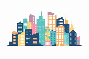 A captivating vector illustration showcasing a colorful cityscape with diverse buildings against a pristine white background.