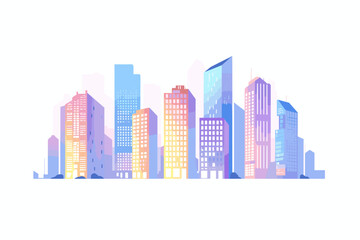 A vibrant vector illustration featuring a city block in the downtown area, adorned with bright colors, set against a clean white background.